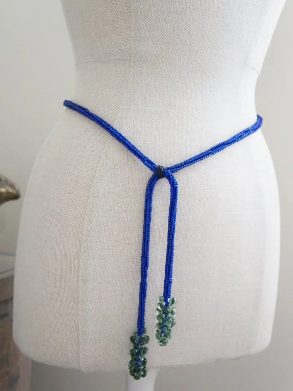 Vintage Blue & Green Long Adjustable Beaded Rope Belt or Necklace